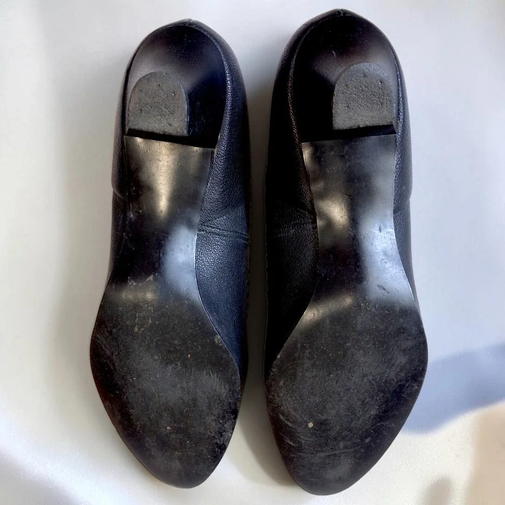 Grace Walker Vintage 60s Black Leather Bow Heels Pumps Almond Toe 8 / 8.5